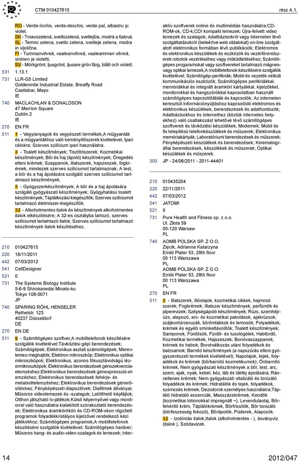 SV - Mörkgrönt, ljusgrönt, ljusare grön färg, blått och violett. 1.13.