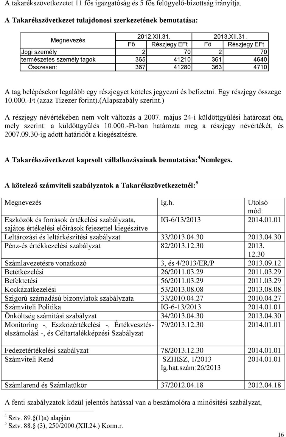 Fő Részjegy EFt Fő Részjegy EFt Jogi személy 2 70 2 70 természetes személy tagok 365 41210 361 4640 Összesen: 367 41280 363 4710 A tag belépésekor legalább egy részjegyet köteles jegyezni és