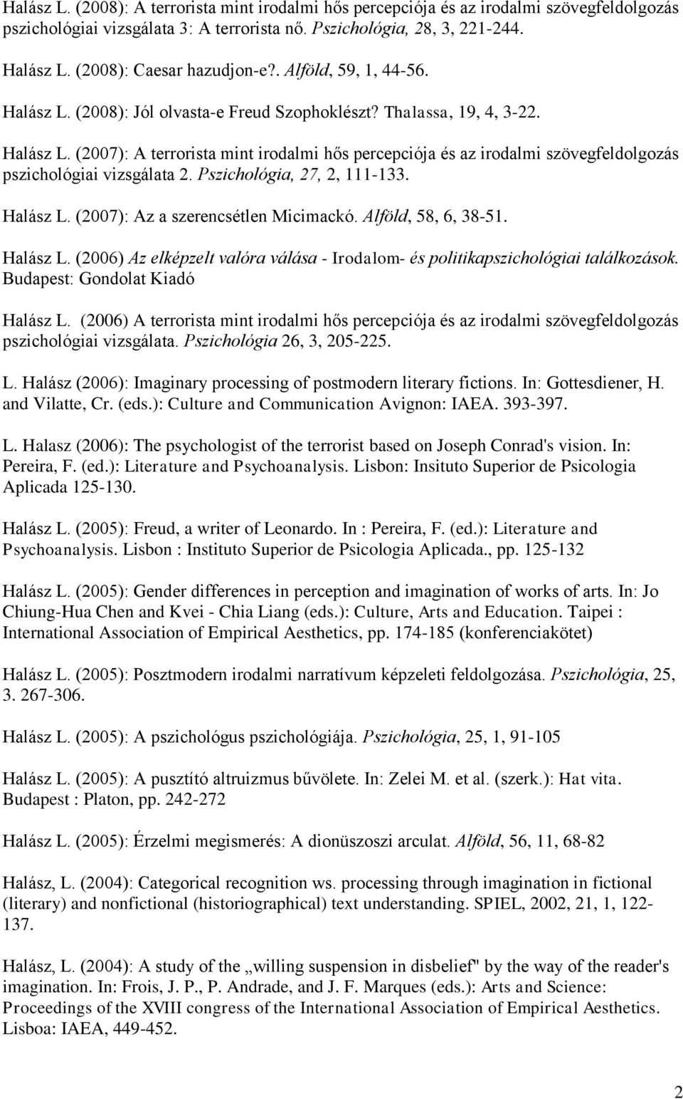 Pszichológia, 27, 2, 111-133. Halász L. (2007): Az a szerencsétlen Micimackó. Alföld, 58, 6, 38-51. Halász L. (2006) Az elképzelt valóra válása - Irodalom- és politikapszichológiai találkozások.