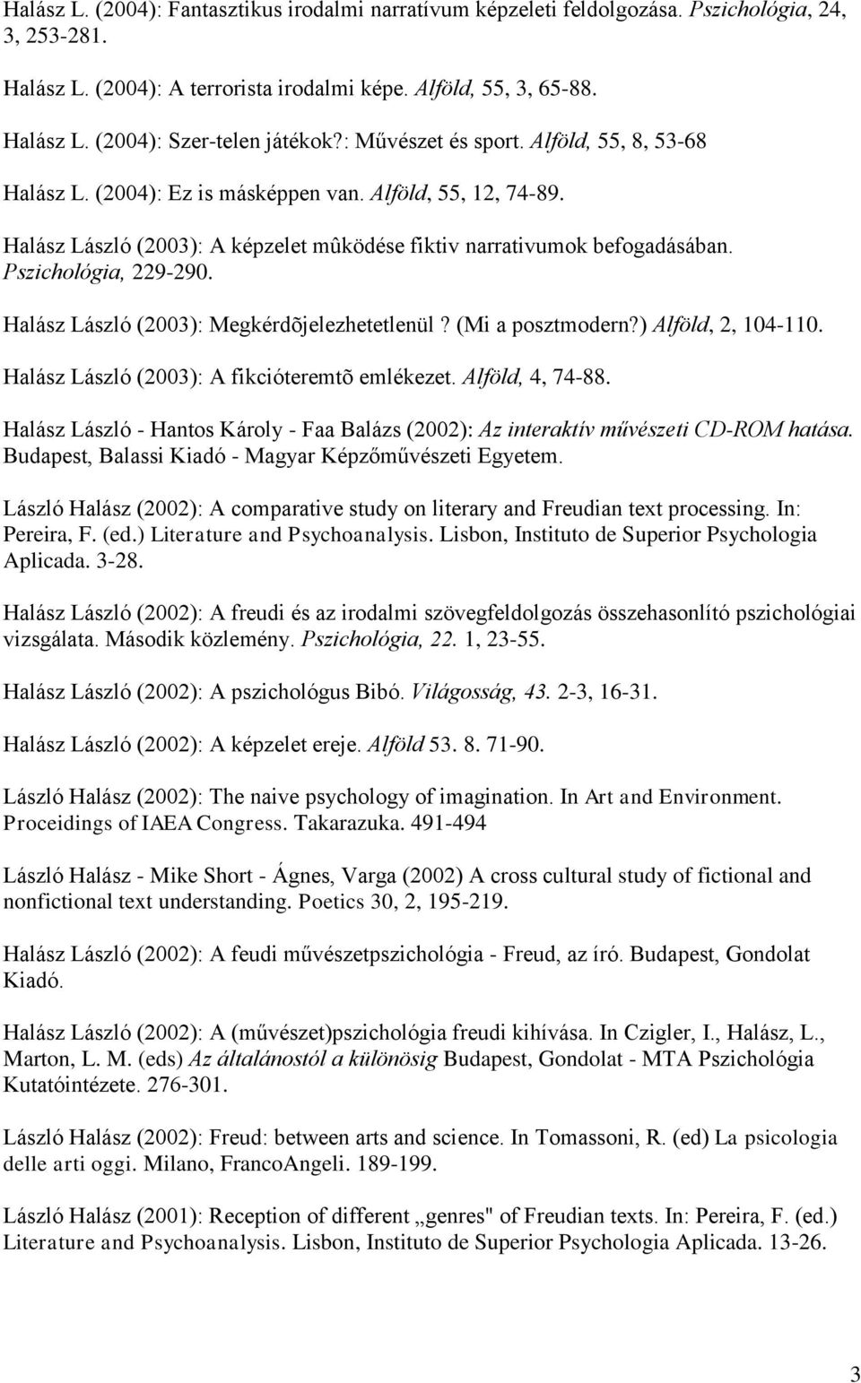 Pszichológia, 229-290. Halász László (2003): Megkérdõjelezhetetlenül? (Mi a posztmodern?) Alföld, 2, 104-110. Halász László (2003): A fikcióteremtõ emlékezet. Alföld, 4, 74-88.