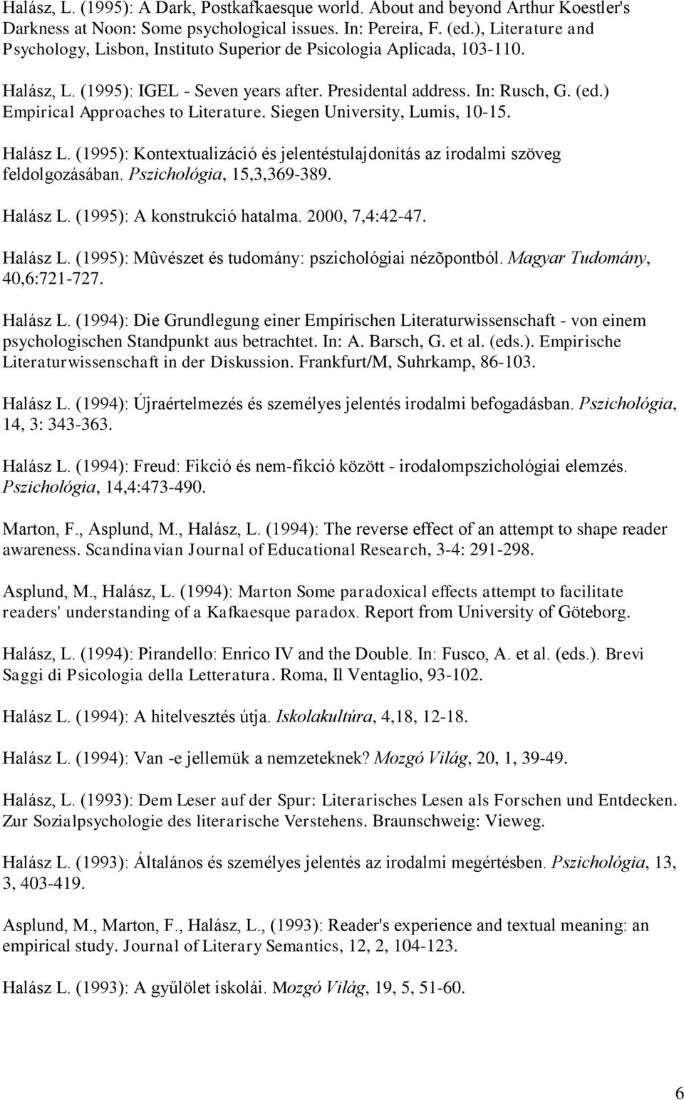 ) Empirical Approaches to Literature. Siegen University, Lumis, 10-15. Halász L. (1995): Kontextualizáció és jelentéstulajdonítás az irodalmi szöveg feldolgozásában. Pszichológia, 15,3,369-389.