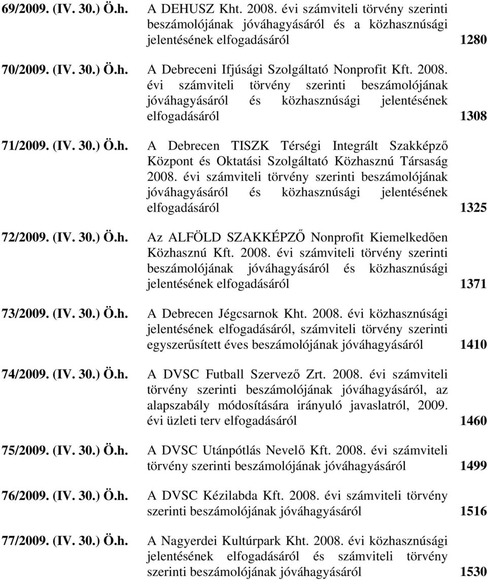 évi számviteli törvény szerinti beszámolójának jóváhagyásáról és közhasznúsági jelentésének elfogadásáról 1325 72/2009. (IV. 30.) Ö.h. Az ALFÖLD SZAKKÉPZŐ Nonprofit Kiemelkedően Közhasznú Kft. 2008.