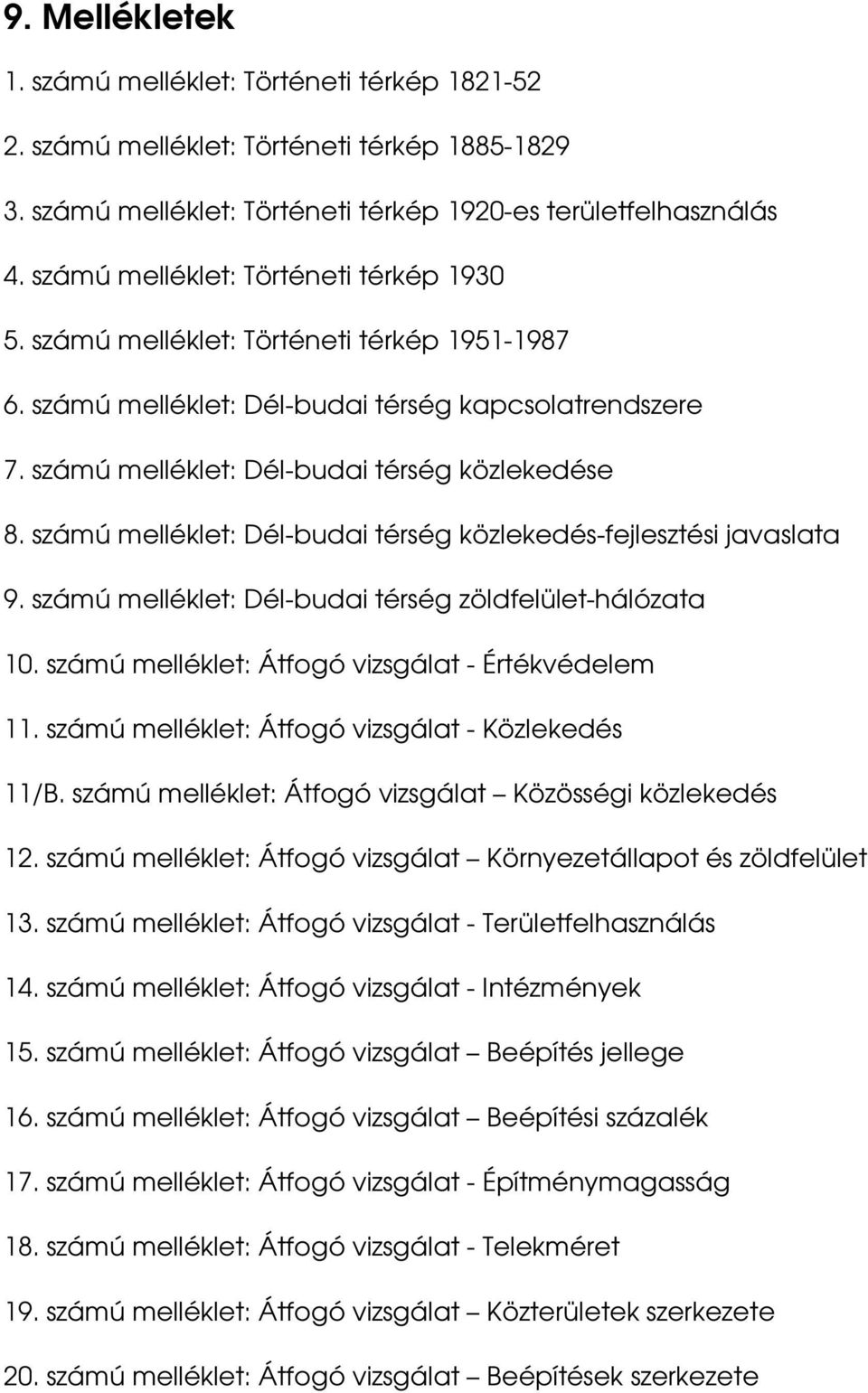 számú melléklet: Dél-budai térség közlekedés-fejlesztési javaslata 9. számú melléklet: Dél-budai térség zöldfelület-hálózata 10. számú melléklet: Átfogó vizsgálat - Értékvédelem 11.