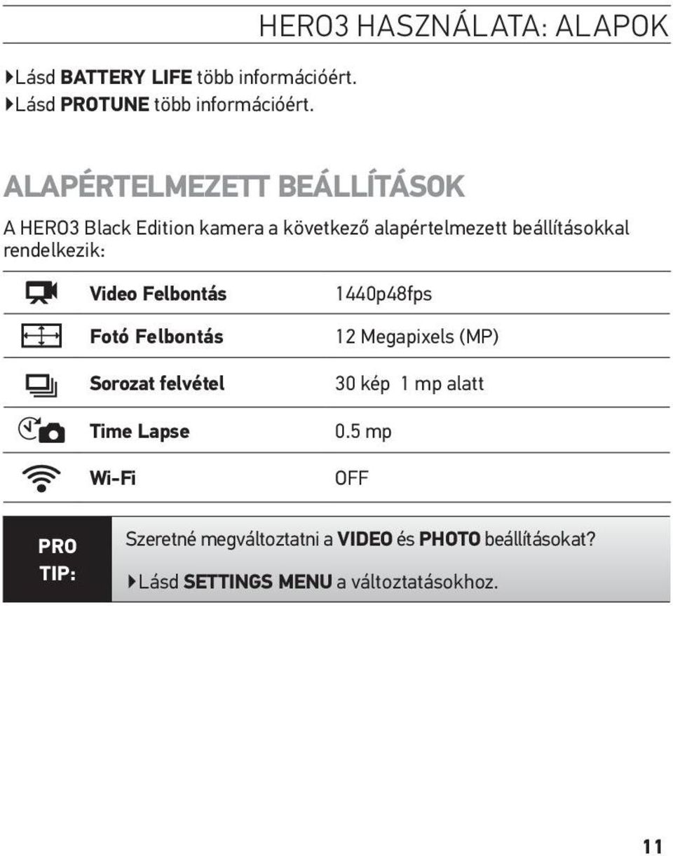 beállításokkal rendelkezik: Video Felbontás Fotó Felbontás Sorozat felvétel Time Lapse Wi-Fi 1440p48fps 12