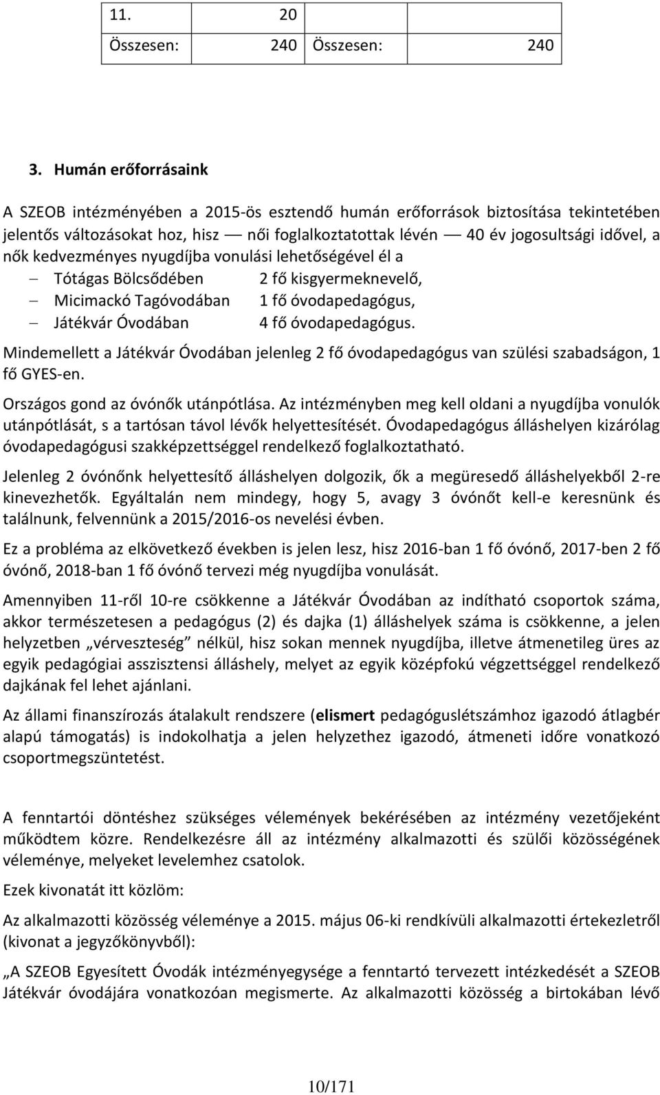 kedvezményes nyugdíjba vonulási lehetőségével él a Tótágas Bölcsődében 2 fő kisgyermeknevelő, Micimackó Tagóvodában 1 fő óvodapedagógus, Játékvár Óvodában 4 fő óvodapedagógus.