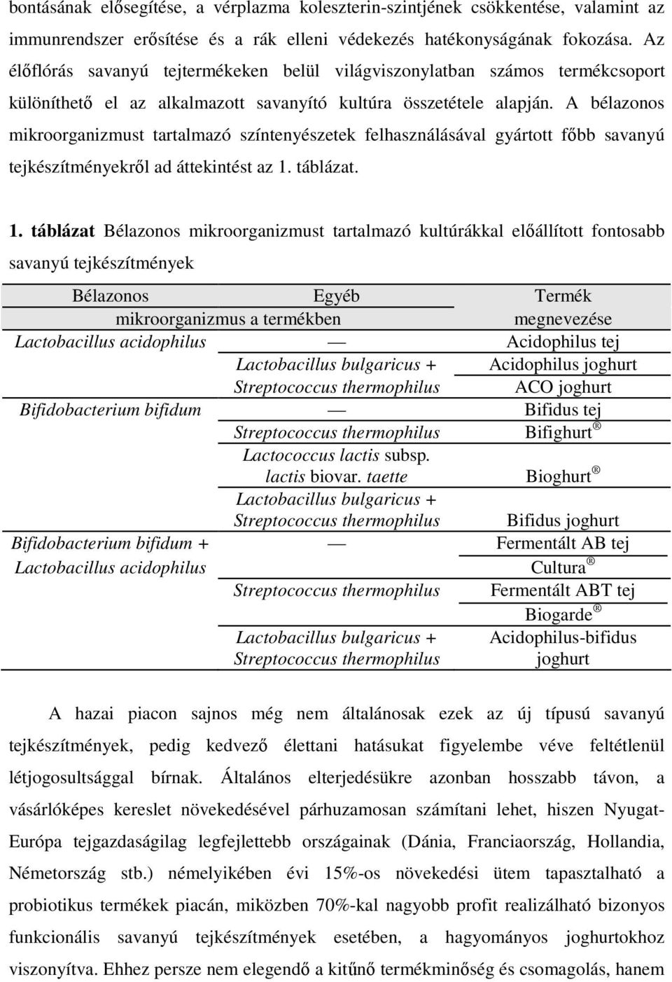 A bélazonos mikroorganizmust tartalmazó színtenyészetek felhasználásával gyártott fıbb savanyú tejkészítményekrıl ad áttekintést az 1.