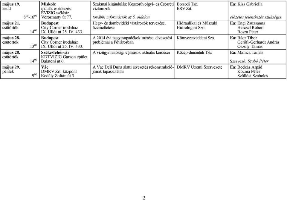 központ 9 00 Kodály Zoltán út 3. Szakmai kirándulás: Köszörűvölgyi- és Csórréti víztározók Borsodi Tsz. ÉRV Zrt. Ea: Kiss Gabriella további információk az 5.