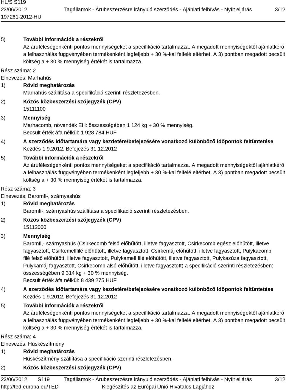 15112000 Baromfi,- szárnyashús (Csirkecomb felső előhűtött, illetve fagyasztott, Csirkecomb egész előhűtött, illetve fagyasztott, Csirkemellfilé előhűtött, illetve fagyasztott, Csirkemáj előhűtött,