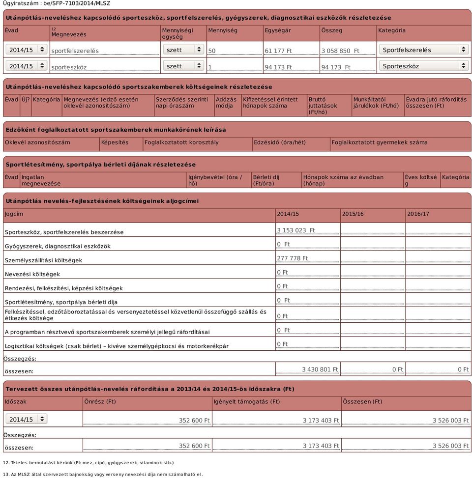 Új? Kategória Megnevezés (edző esetén oklevél azonosítószám) Szerződés szerinti napi óraszám Adózás módja Kifizetéssel érintett hónapok száma Bruttó juttatások (Ft/hó) Munkáltatói járulékok (Ft/hó)