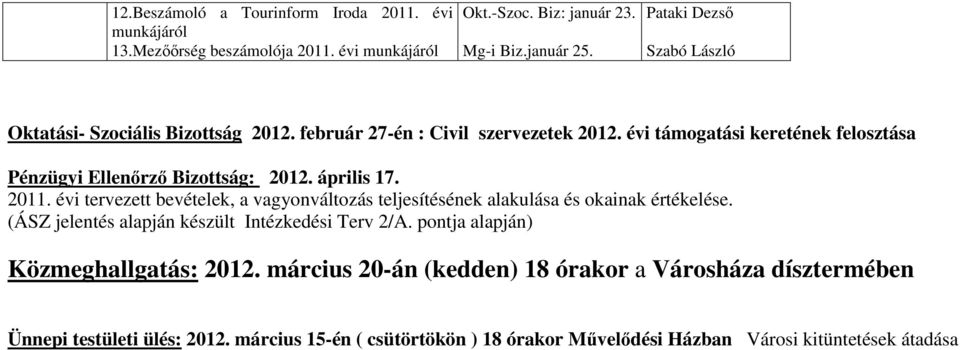 április 17. 2011. évi tervezett bevételek, a vagyonváltozás teljesítésének alakulása és okainak értékelése. (ÁSZ jelentés alapján készült Intézkedési Terv 2/A.