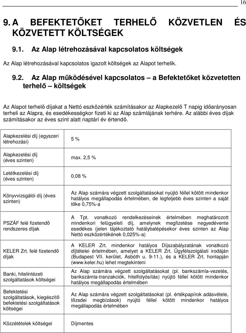 esedékességkor fizeti ki az Alap számlájának terhére. Az alábbi éves díjak számításakor az éves szint alatt naptári év értendı.