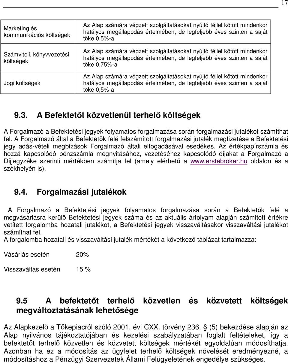 Az Alap számára végzett szolgáltatásokat nyújtó féllel kötött mindenkor hatályos megállapodás értelmében, de legfeljebb éves szinten a saját tıke 0,5%-a 9.3.