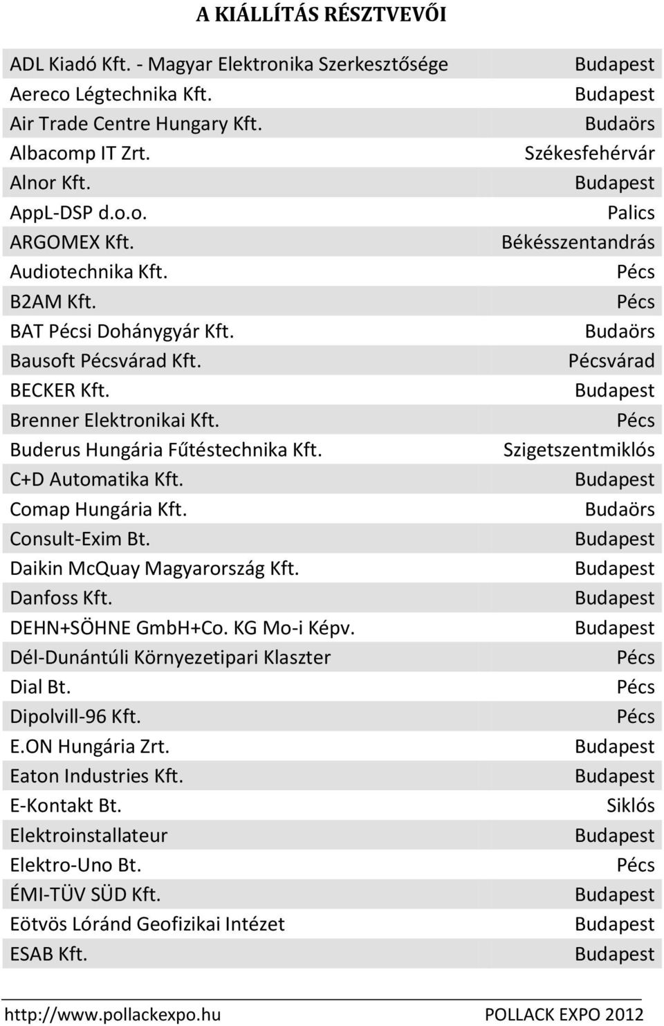 Daikin McQuay Magyarország Kft. Danfoss Kft. DEHN+SÖHNE GmbH+Co. KG Mo-i Képv. Dél-Dunántúli Környezetipari Klaszter Dial Bt. Dipolvill-96 Kft. E.ON Hungária Zrt. Eaton Industries Kft. E-Kontakt Bt.