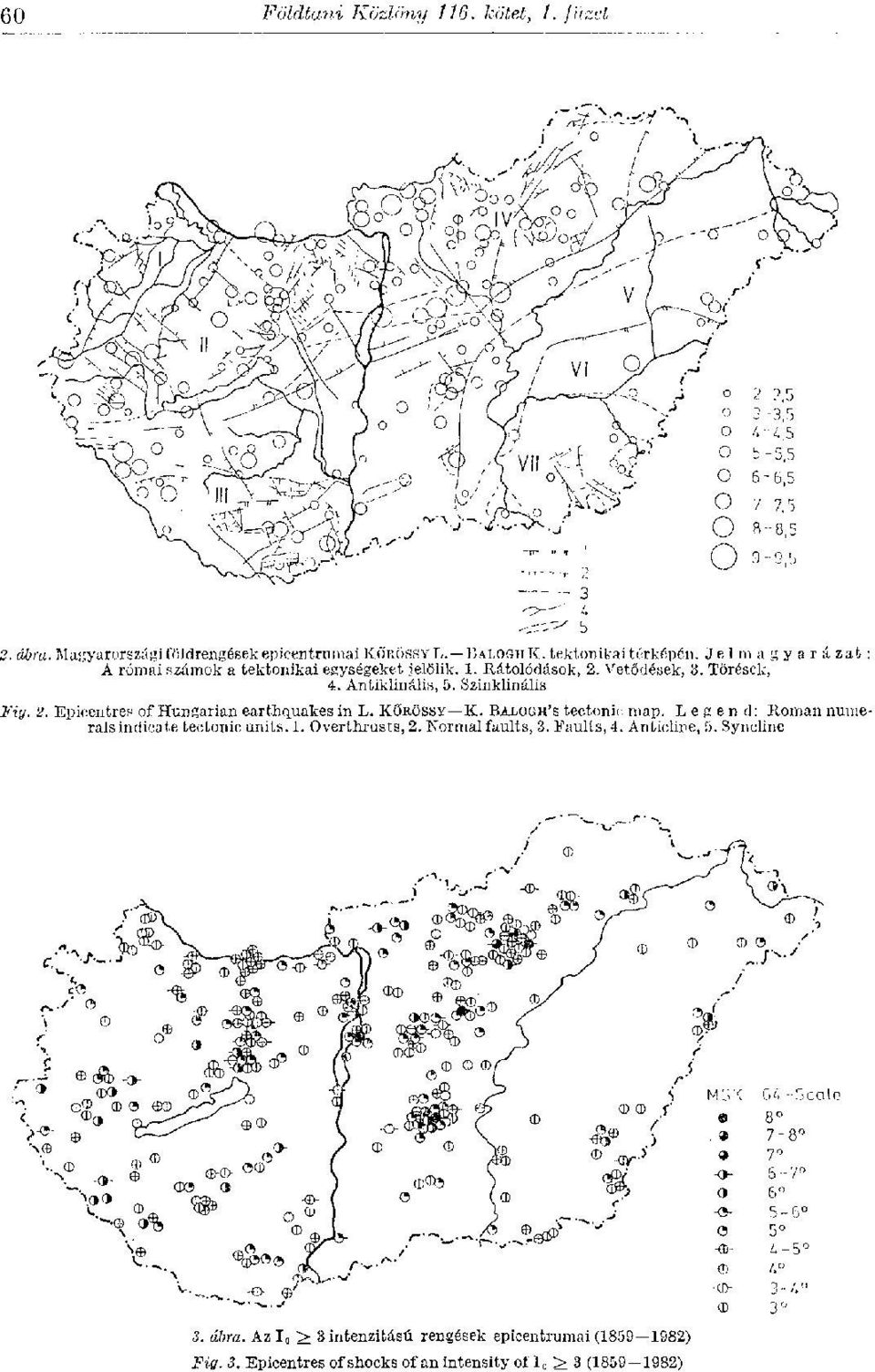 Törések, 4. Antiklinale, 5. Szinklinálís Fiy. 2. Epicentres of Hungarian earthquakes in L. KÖRÖSSY К.