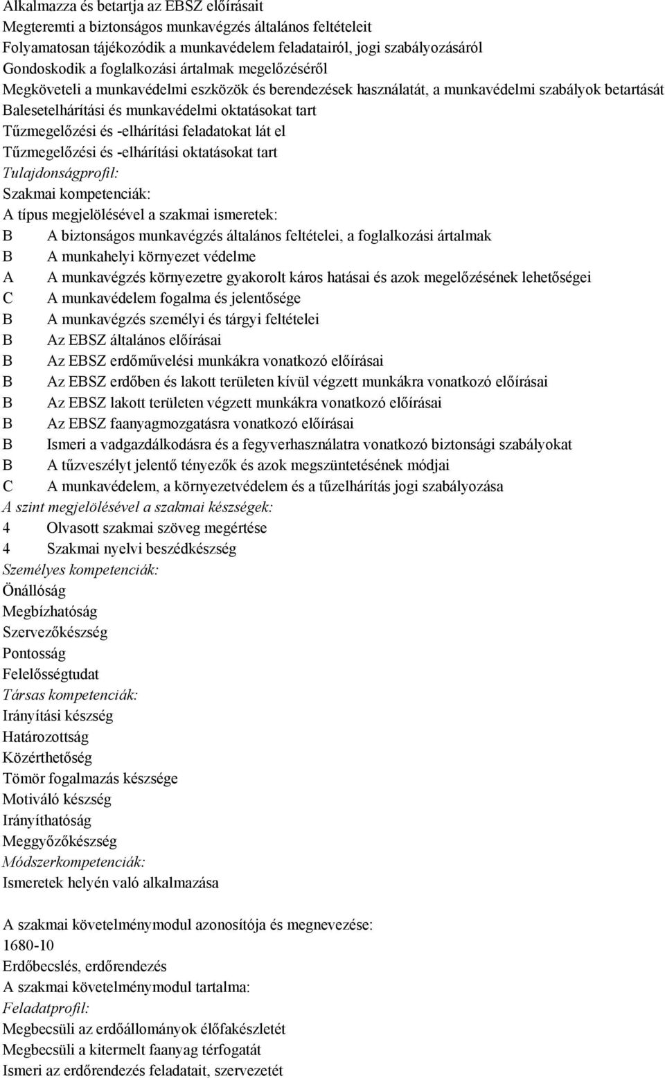 Tűzmegelőzési és -elhárítási feladatokat lát el Tűzmegelőzési és -elhárítási oktatásokat tart Tulajdonságprofil: Szakmai kompetenciák: A típus megjelölésével a szakmai ismeretek: B A biztonságos