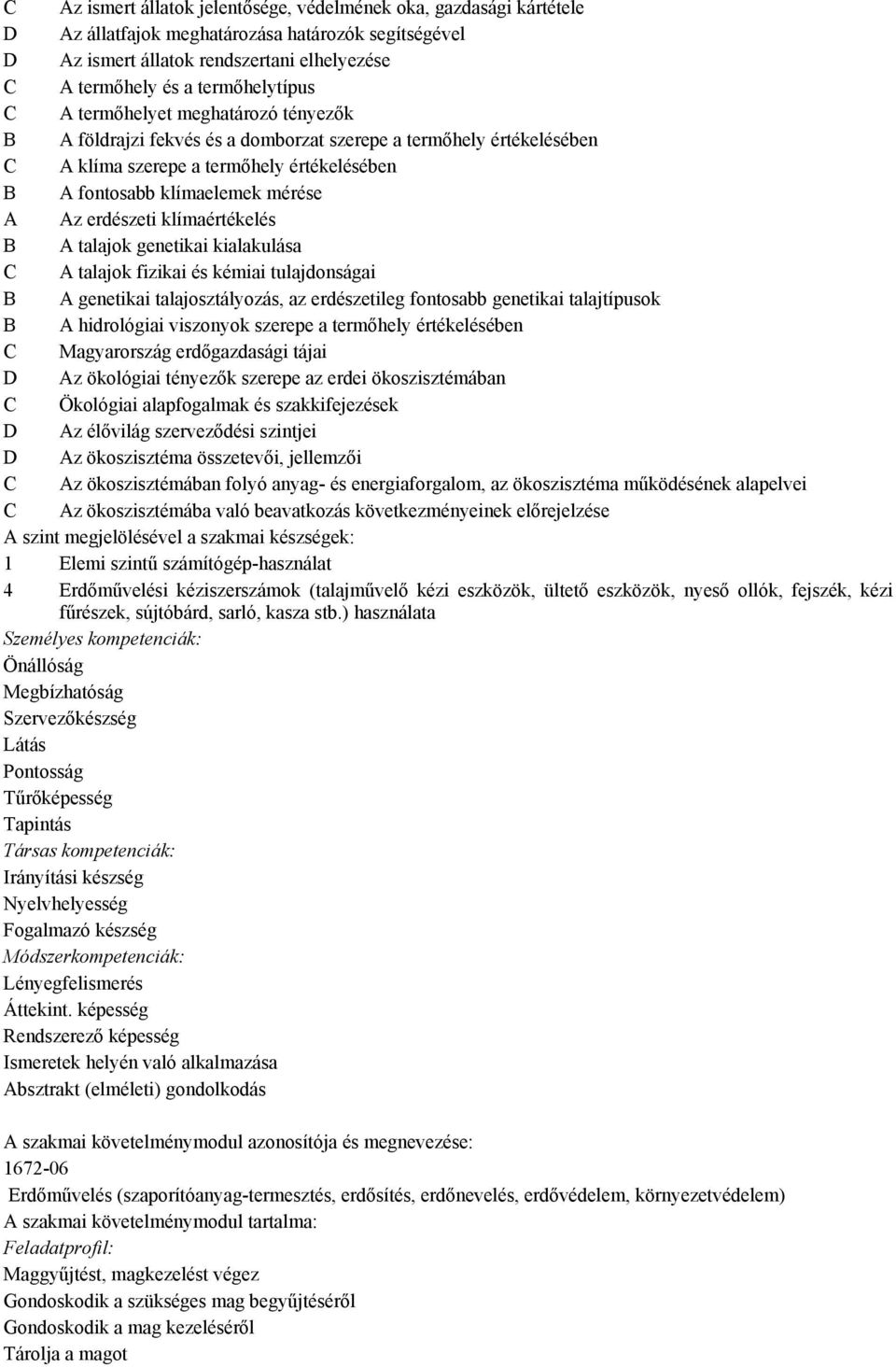 A Az erdészeti klímaértékelés B A talajok genetikai kialakulása C A talajok fizikai és kémiai tulajdonságai B A genetikai talajosztályozás, az erdészetileg fontosabb genetikai talajtípusok B A