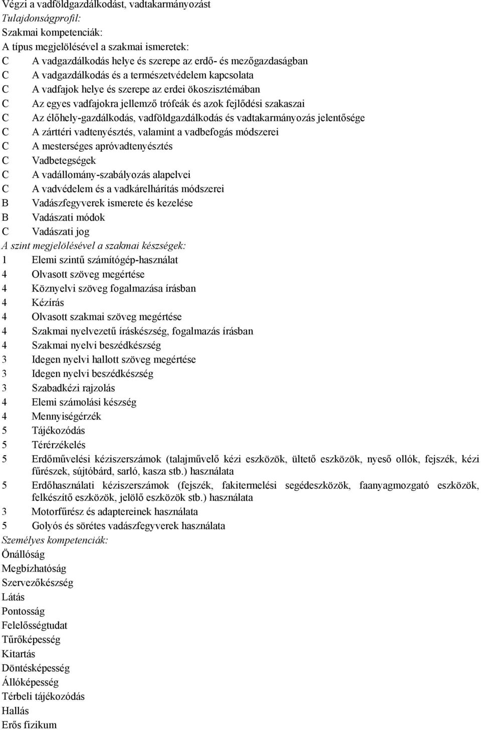 vadföldgazdálkodás és vadtakarmányozás jelentősége C A zárttéri vadtenyésztés, valamint a vadbefogás módszerei C A mesterséges apróvadtenyésztés C Vadbetegségek C A vadállomány-szabályozás alapelvei