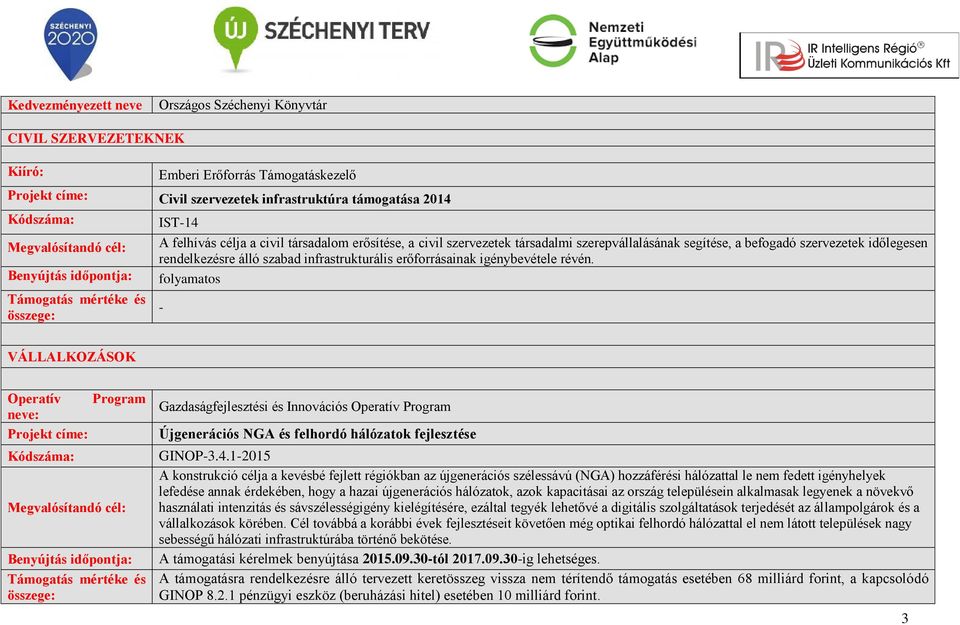 folyamatos - VÁLLALKOZÁSOK Újgenerációs NGA és felhordó hálózatok fejlesztése GINOP-3.4.