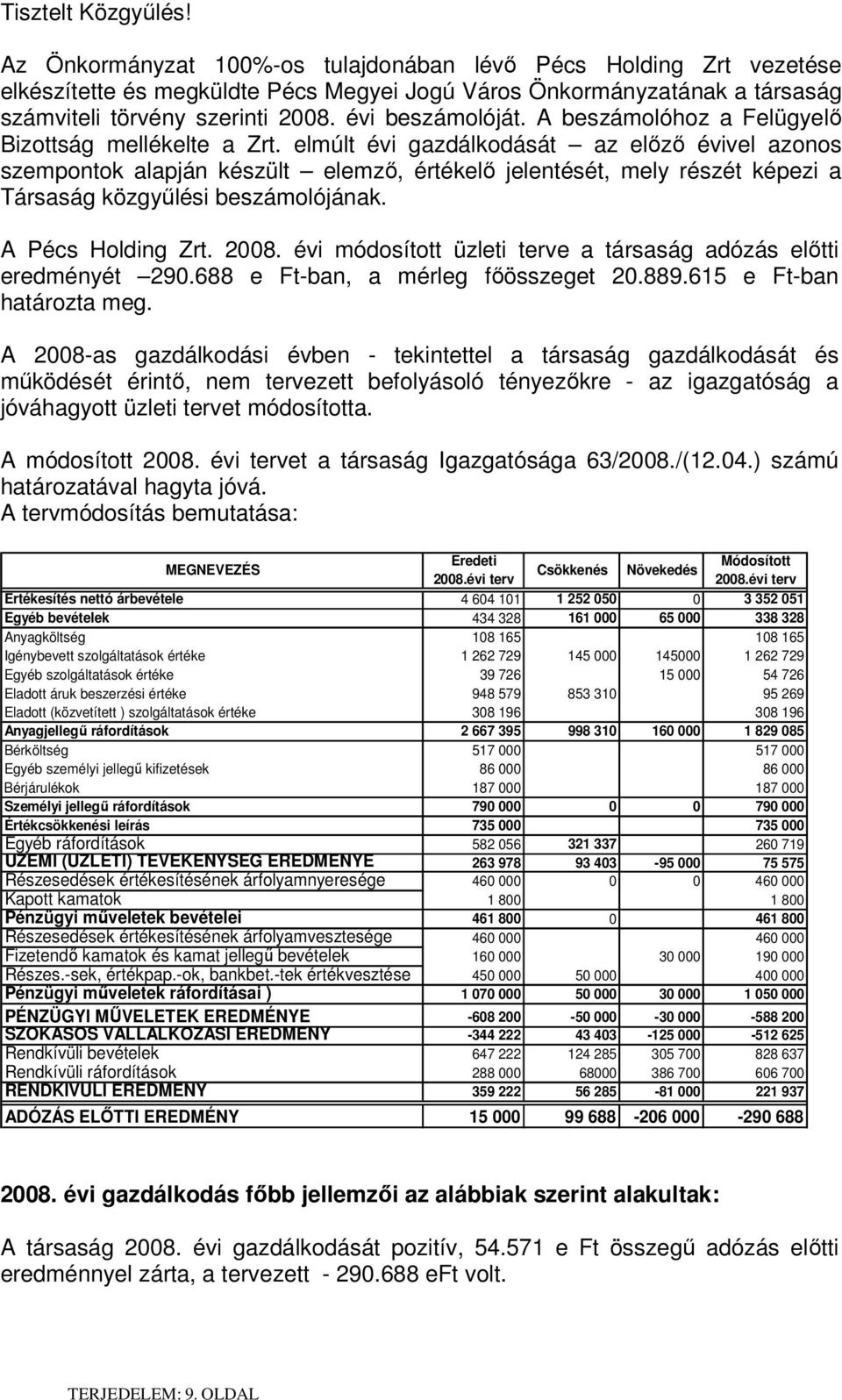 elmúlt évi gazdálkodását az előző évivel azonos szempontok alapján készült elemző, értékelő jelentését, mely részét képezi a Társaság közgyűlési beszámolójának. A Pécs Holding Zrt. 2008.