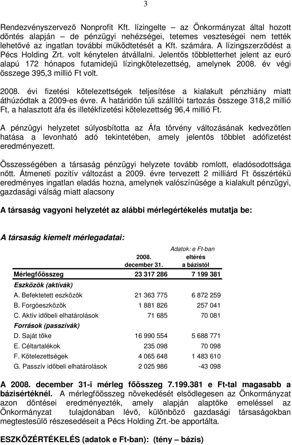 év végi összege 395,3 millió Ft volt. 2008. évi fizetési kötelezettségek teljesítése a kialakult pénzhiány miatt áthúzódtak a 2009-es évre.