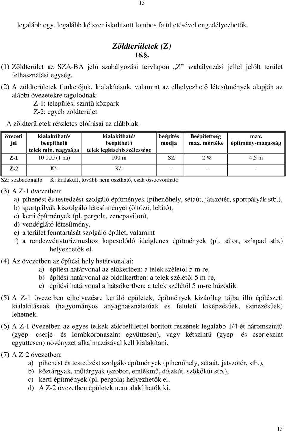 (2) A zöldterületek funkciójuk, kialakításuk, valamint az elhelyezhető létesítmények alapján az alábbi övezetekre tagolódnak: Z-1: települési szintű közpark Z-2: egyéb zöldterület A zöldterületek