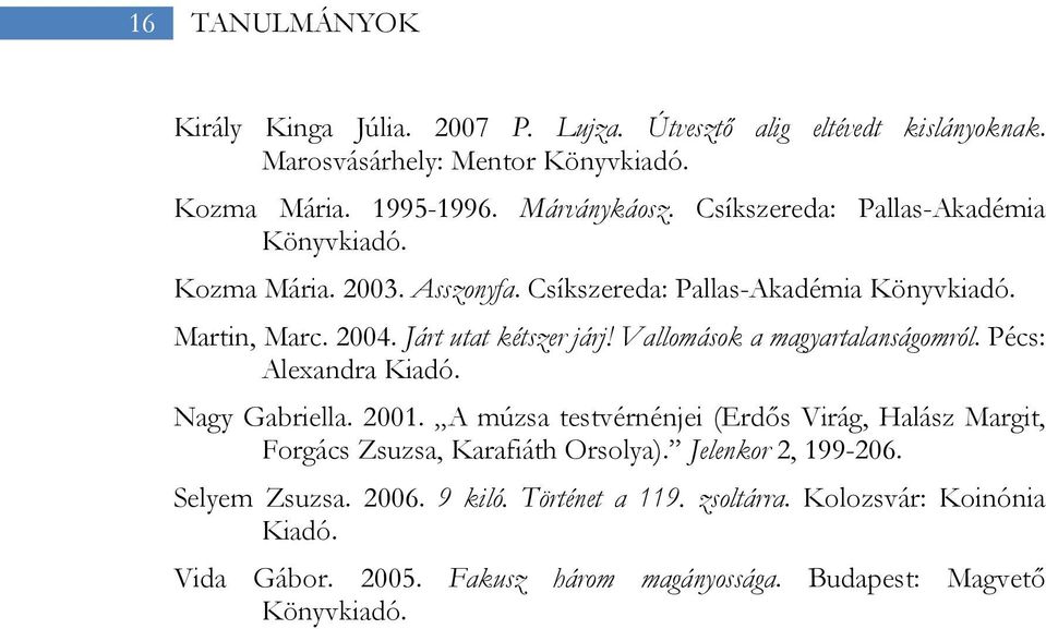 Vallomások a magyartalanságomról. Pécs: Alexandra Kiadó. Nagy Gabriella. 2001. A múzsa testvérnénjei (Erdős Virág, Halász Margit, Forgács Zsuzsa, Karafiáth Orsolya).