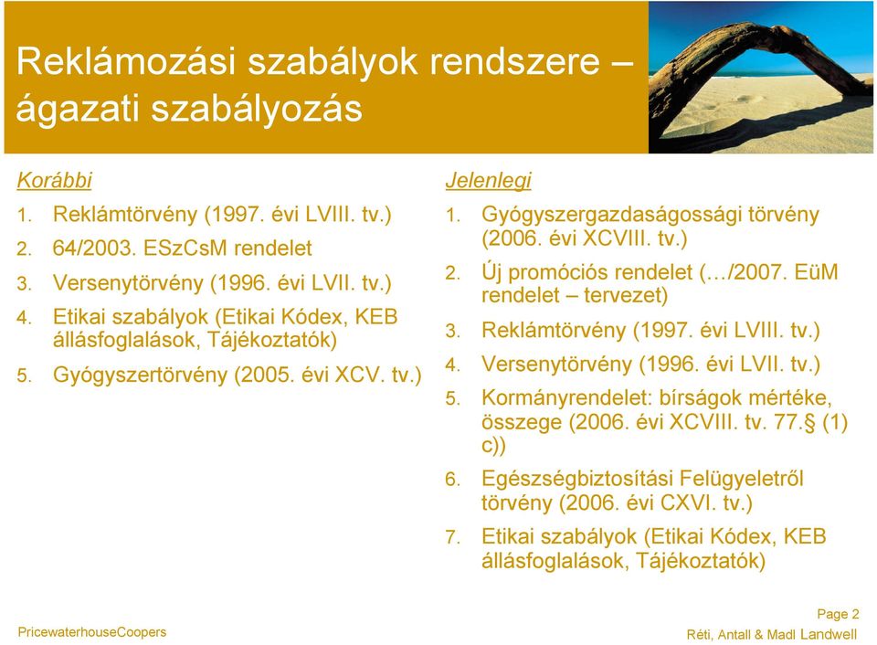 Új promóciós rendelet ( /2007. EüM rendelet tervezet) 3. Reklámtörvény (1997. évi LVIII. tv.) 4. Versenytörvény (1996. évi LVII. tv.) 5.