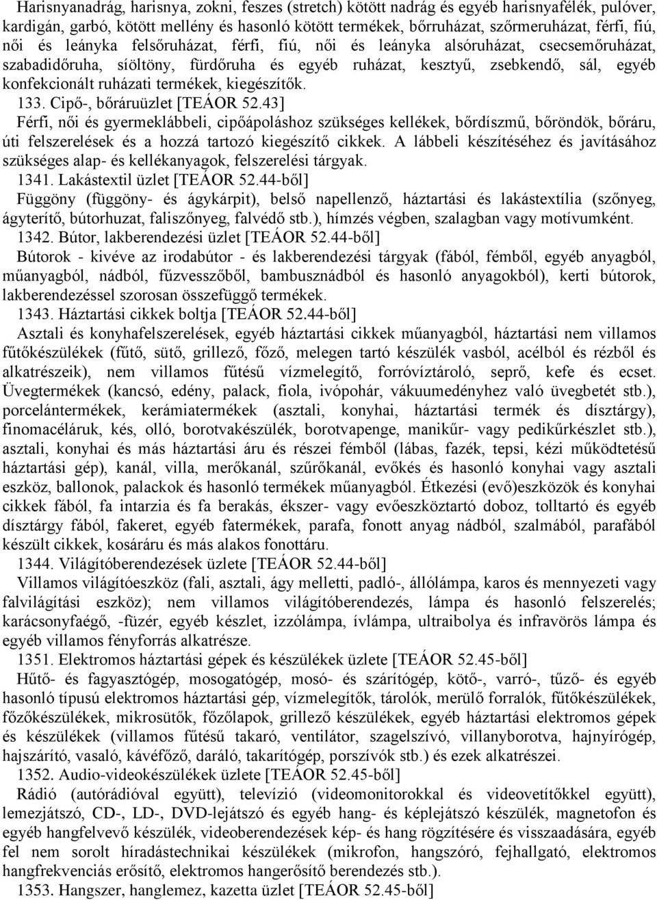 kiegészítők. 133. Cipő-, bőráruüzlet [TEÁOR 52.43] Férfi, női és gyermeklábbeli, cipőápoláshoz szükséges kellékek, bőrdíszmű, bőröndök, bőráru, úti felszerelések és a hozzá tartozó kiegészítő cikkek.