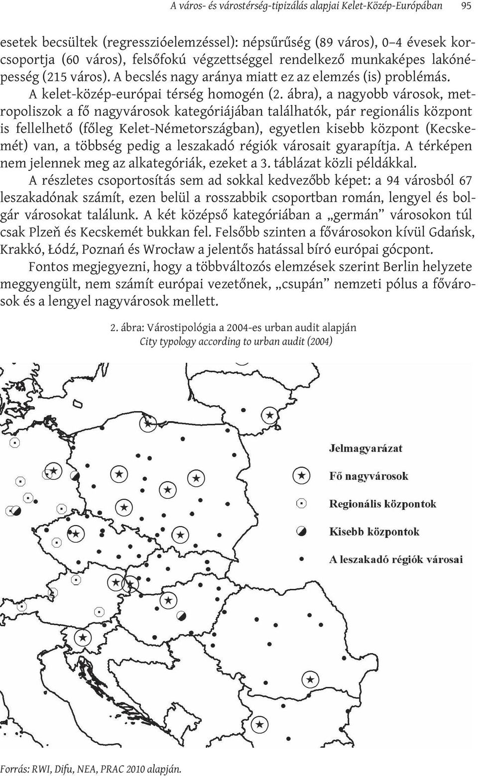 ábra), a nagyobb városok, metropoliszok a fő nagyvárosok kategóriájában találhatók, pár regionális központ is fellelhető (főleg Kelet-Németországban), egyetlen kisebb központ (Kecskemét) van, a