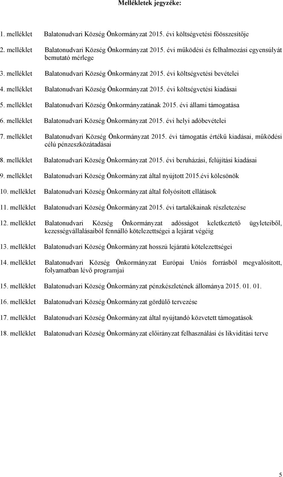 melléklet 2015. évi beruházási, felújítási kiadásai 9. melléklet által nyújtott 2015.évi kölcsönök 10. melléklet által folyósított ellátások 11. melléklet 2015. évi tartalékainak részletezése 12.