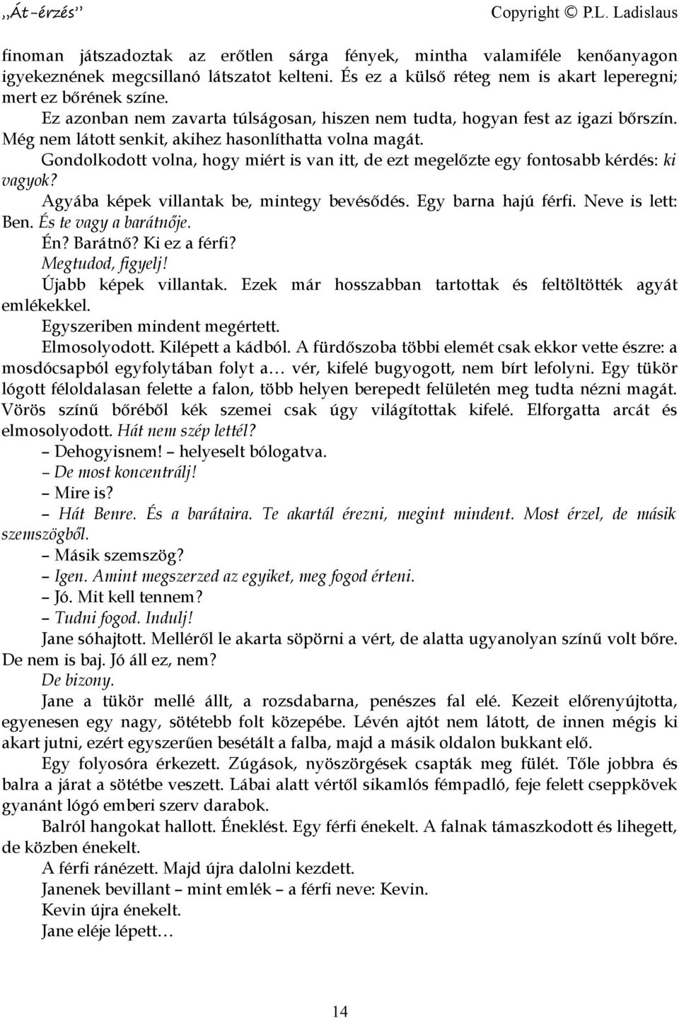 Gondolkodott volna, hogy miért is van itt, de ezt megelőzte egy fontosabb kérdés: ki vagyok? Agyába képek villantak be, mintegy bevésődés. Egy barna hajú férfi. Neve is lett: Ben.