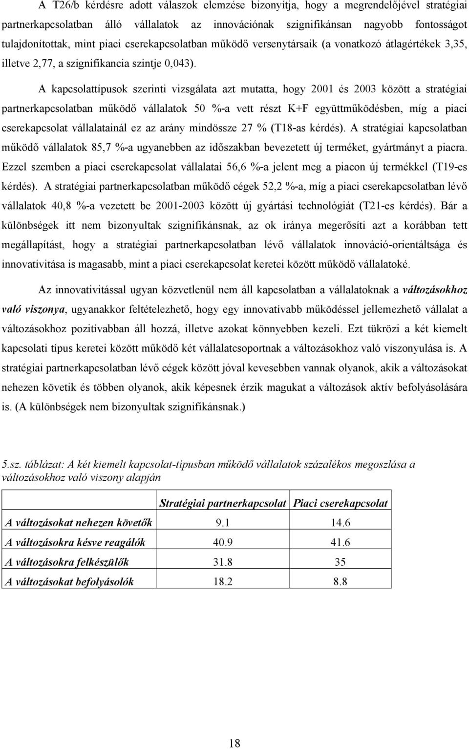 A kapcsolattípusok szerinti vizsgálata azt mutatta, hogy 21 és 23 között a stratégiai partnerkapcsolatban működő vállalatok 5 %-a vett részt K+F együttműködésben, míg a piaci cserekapcsolat