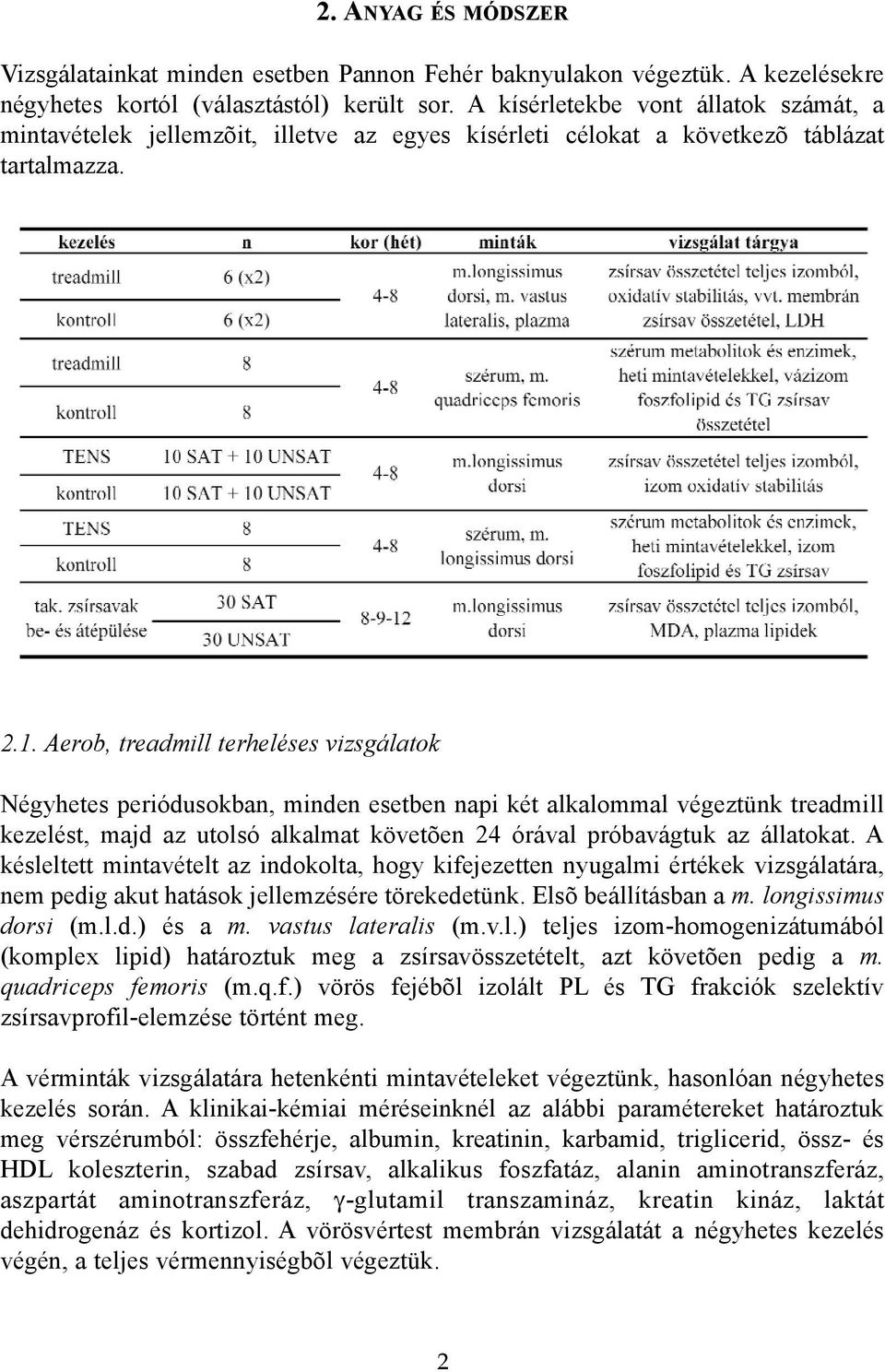 Aerob, treadmill terheléses vizsgálatok Négyhetes periódusokban, minden esetben napi két alkalommal végeztünk treadmill kezelést, majd az utolsó alkalmat követõen 24 órával próbavágtuk az állatokat.