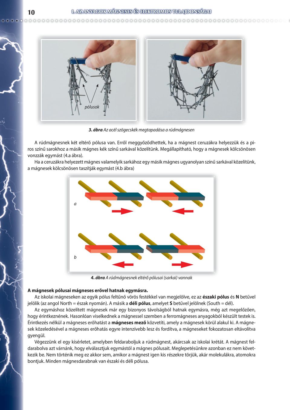 Ha a ceruzákra helyezett mágnes valamelyik sarkához egy másik mágnes ugyanolyan színű sarkával közelítünk, a mágnesek kölcsönösen taszítják egymást (4.b ábra) a b 4.