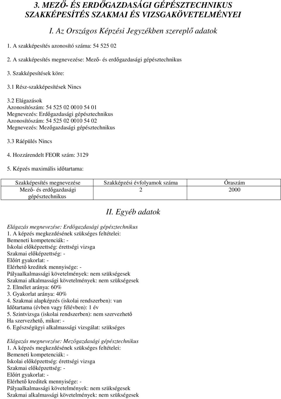 2 Elágazások Azonosítószám: 54 525 02 0010 54 01 Megnevezés: Erdőgazdasági gépésztechnikus Azonosítószám: 54 525 02 0010 54 02 Megnevezés: Mezőgazdasági gépésztechnikus 3.3 Ráépülés Nincs 4.