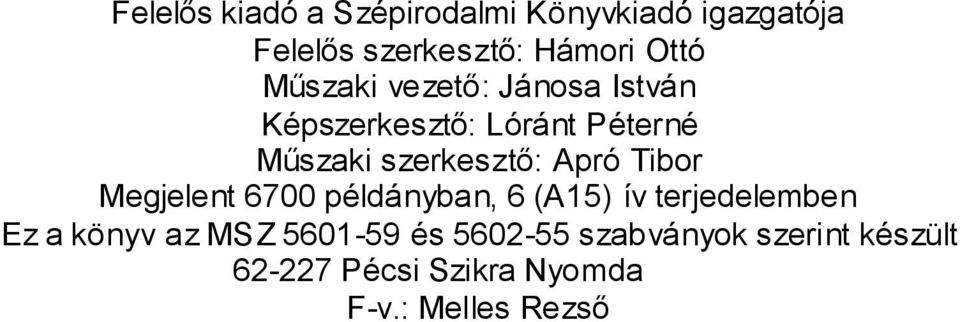 Apró Tibor Megjelent 6700 példányban, 6 (A15) ív terjedelemben Ez a könyv az MSZ