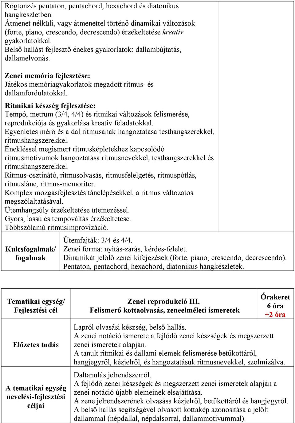 Belső hallást fejlesztő énekes gyakorlatok: dallambújtatás, dallamelvonás. Zenei memória fejlesztése: Játékos memóriagyakorlatok megadott ritmus- és dallamfordulatokkal.