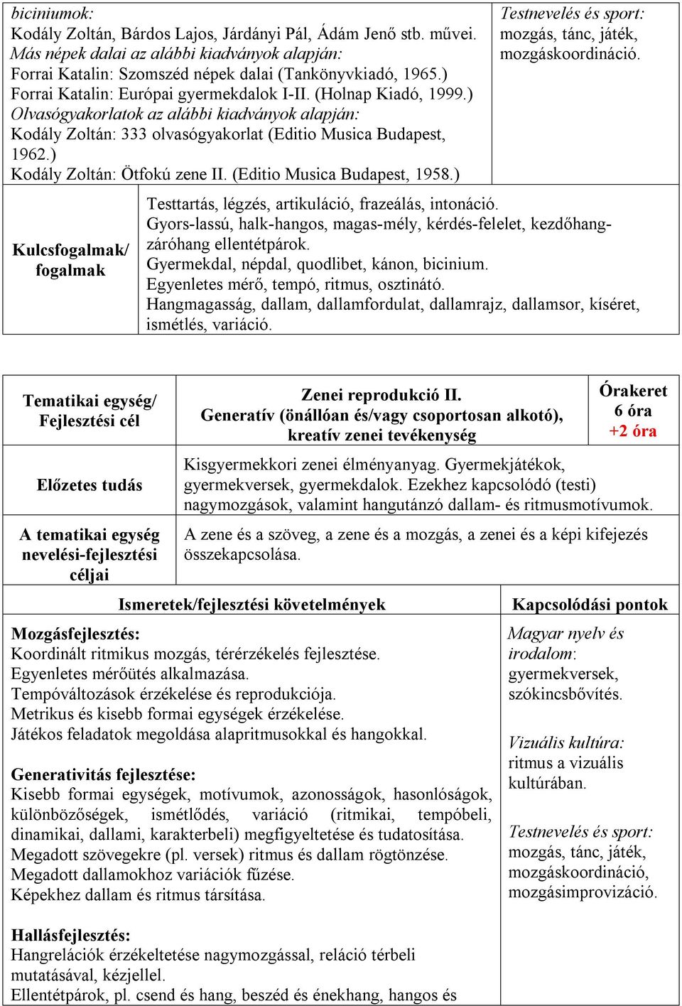 ) Kodály Zoltán: Ötfokú zene II. (Editio Musica Budapest, 1958.) Kulcs/ Testnevelés és sport: mozgás, tánc, játék, mozgáskoordináció. Testtartás, légzés, artikuláció, frazeálás, intonáció.