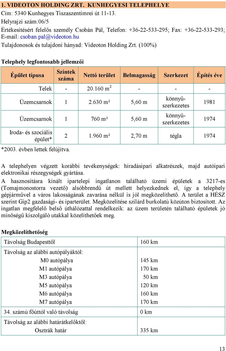 (100%) Telephely legfontosabb jellemzői Épület típusa Szintek száma Nettó terület Belmagasság Szerkezet Építés éve Telek - 20.160 m 2 - - - Üzemcsarnok 1 2.