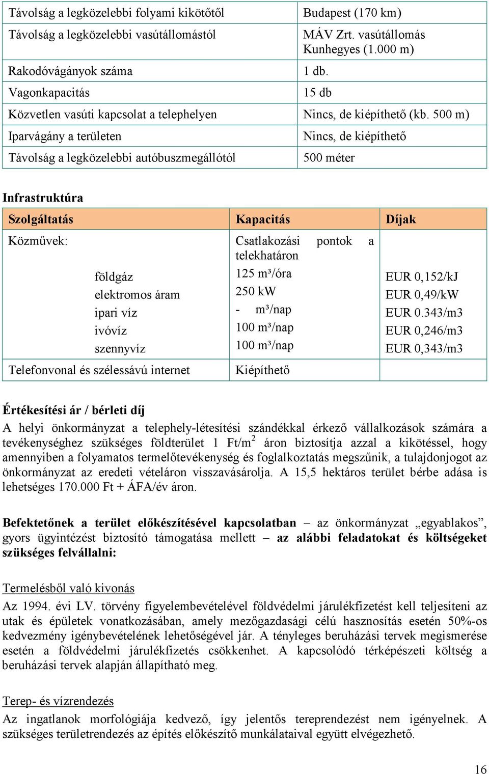 500 m) Iparvágány a területen Távolság a legközelebbi autóbuszmegállótól Nincs, de kiépíthető 500 méter Infrastruktúra Szolgáltatás Kapacitás Díjak Közművek: földgáz elektromos áram ipari víz ivóvíz