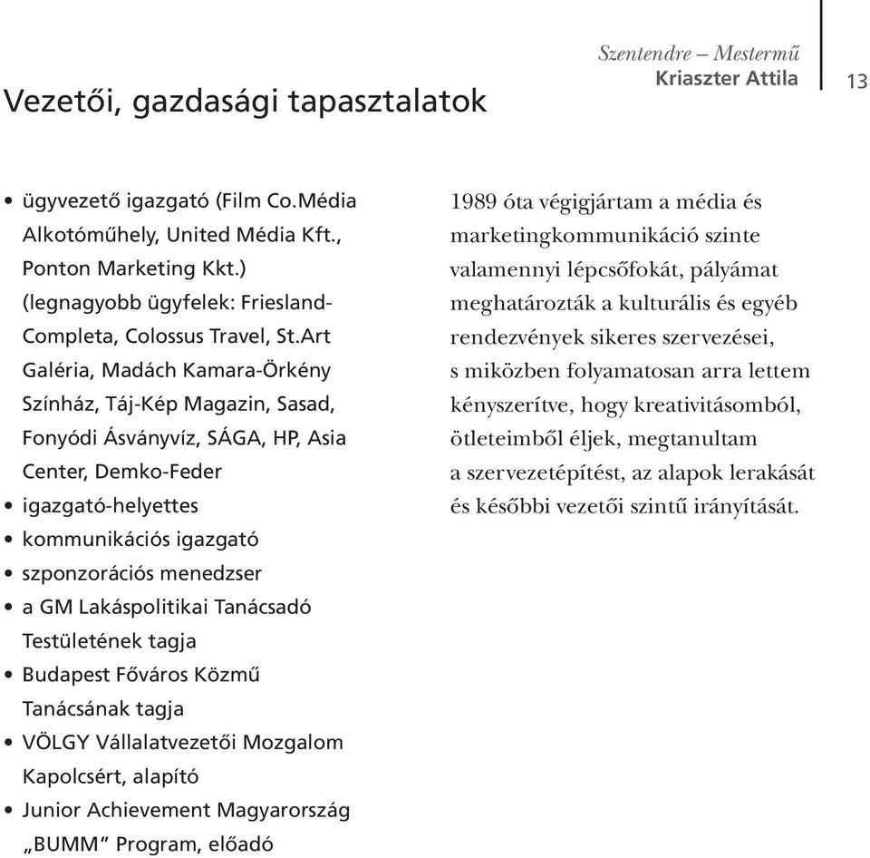 Art Galéria, Madách Kamara-Örkény Színház, Táj-Kép Magazin, Sasad, Fonyódi Ásványvíz, SÁGA, HP, Asia Center, Demko-Feder igazgató-helyettes kommunikációs igazgató szponzorációs menedzser a GM