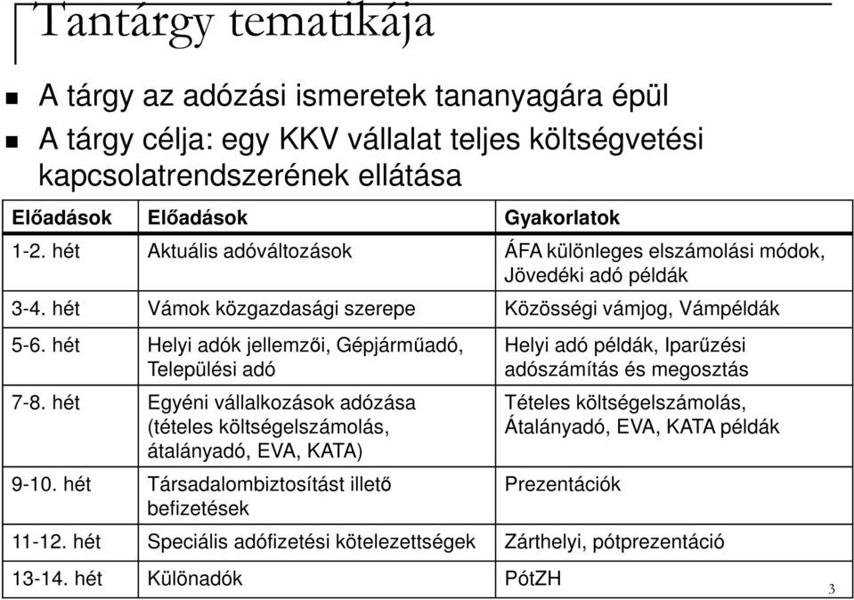 hét Helyi adók jellemzői, Gépjárműadó, Települési adó 7-8. hét Egyéni vállalkozások adózása (tételes költségelszámolás, átalányadó, EVA, KATA) 9-10.