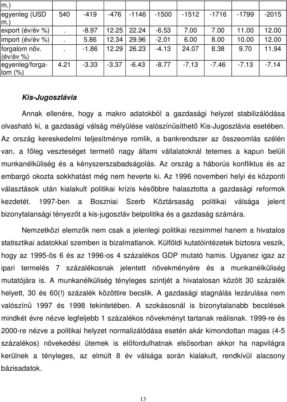 46-7.13-7.14 Kis-Jugoszlávia Annak ellenére, hogy a makro adatokból a gazdasági helyzet stabilizálódása olvasható ki, a gazdasági válság mélyülése valószínősíthetı Kis-Jugoszlávia esetében.