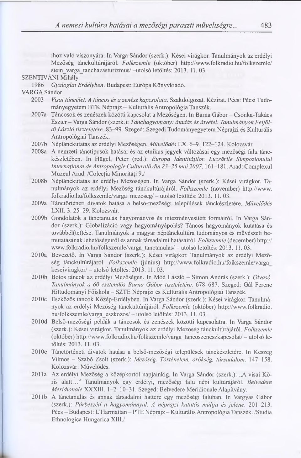 VARGA Sándor 2003 Visai táncélet. A táncos és a zenész kapcsolata. Szakdolgozat. Kézirat. Pécs: Pécsi Tudományegyetem BTK Néprajz - Kulturális Antropológia Tanszék.