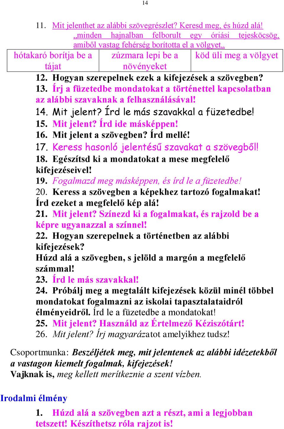 Hogyan szerepelnek ezek a kifejezések a szövegben? 13. Írj a füzetedbe mondatokat a történettel kapcsolatban az alábbi szavaknak a felhasználásával! 14. Mit jelent? Írd le más szavakkal a füzetedbe!