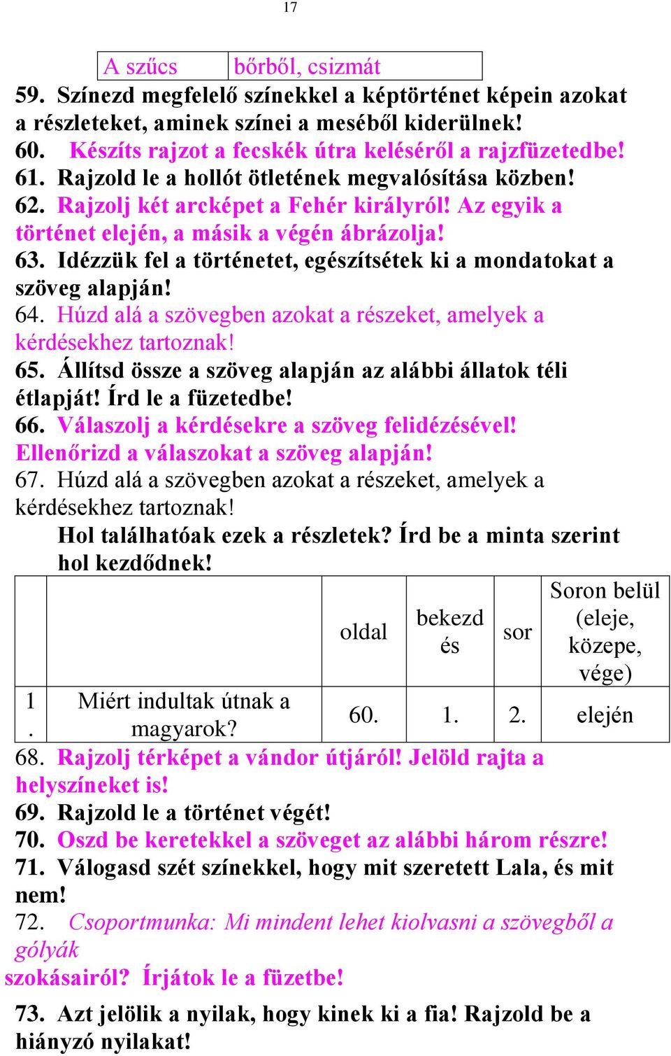 Idézzük fel a történetet, egészítsétek ki a mondatokat a szöveg alapján! 64. Húzd alá a szövegben azokat a részeket, amelyek a kérdésekhez tartoznak! 65.