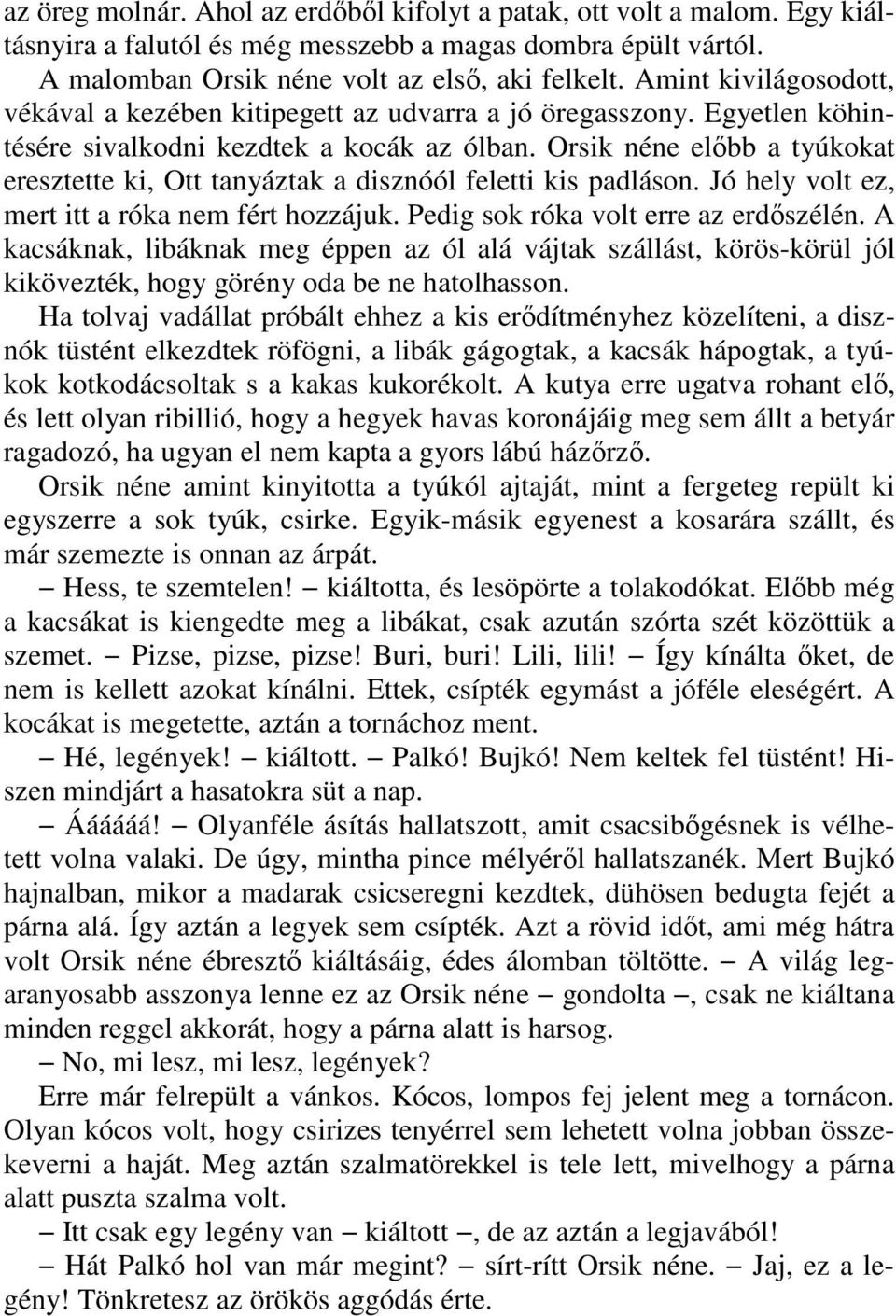 Orsik néne elıbb a tyúkokat eresztette ki, Ott tanyáztak a disznóól feletti kis padláson. Jó hely volt ez, mert itt a róka nem fért hozzájuk. Pedig sok róka volt erre az erdıszélén.