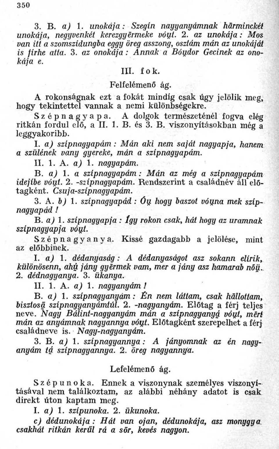 1. B. és 3. B. viszonyításokban még a leggyakoribb. I. a) szípnagyapám : Mán aki nem saját nagyapja, hanem a szülének vany gyereke, mán a szípnagyapám. II. 1. A. a) 1.