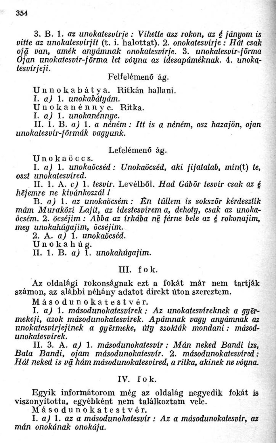 Lefelémenő ág. Unokaöccs. I. a) 1. unokaöcséd : Unokaöcséd, aki fijatalab, min(t) te, oszt unokatesvíred. II. 1. A. c) 1. tesvír. Levélből. Had Gábor tesvír csak az é hejemre ne kívánkozzál! B. a) 1. az unokaöcsém : Én tűllem is sokszor kérdesztík mám Muraközi Lajit, az ídestesvirem a, dehoty, csak az unokaöcsém.