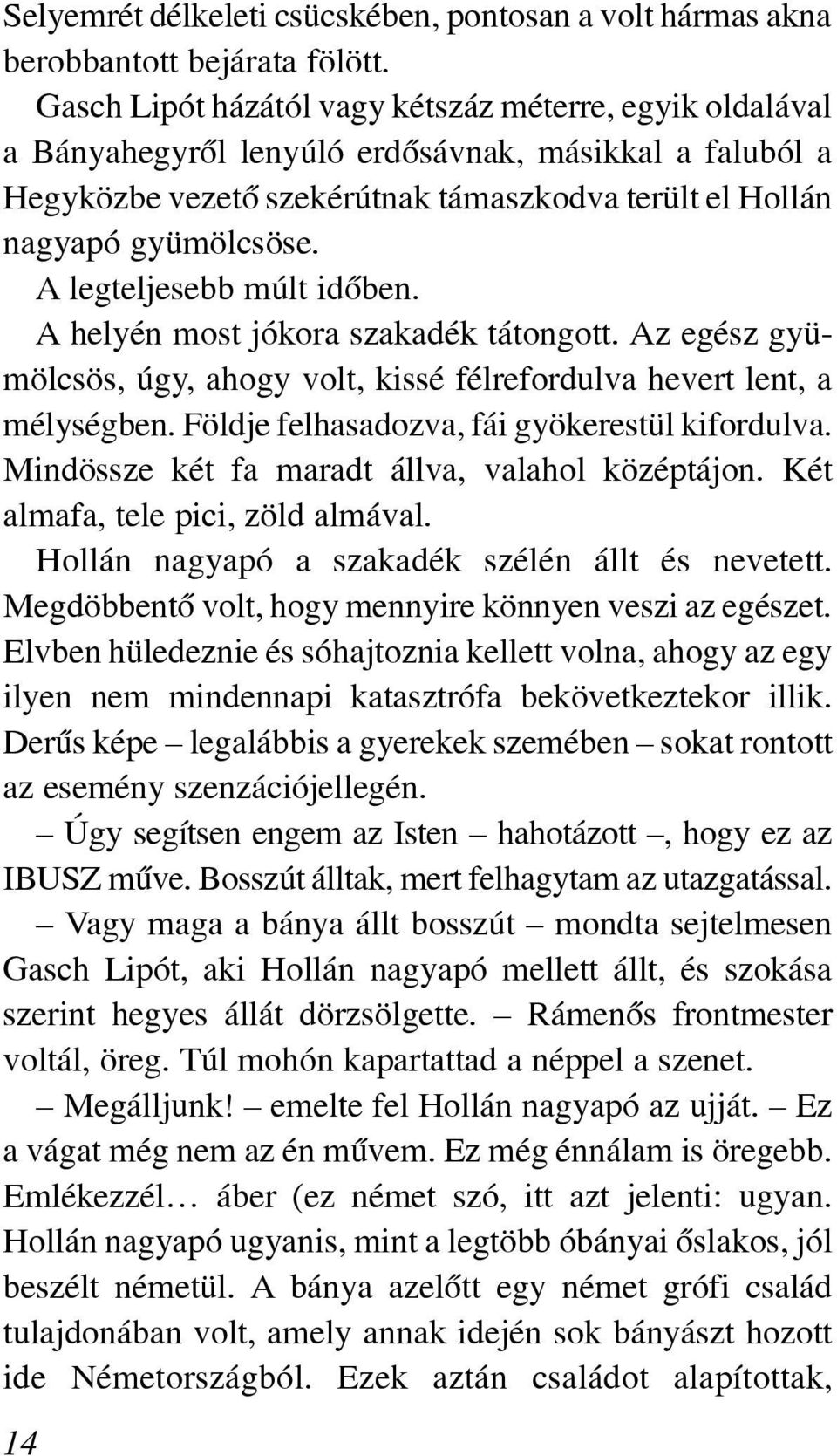 A legteljesebb múlt idõben. A helyén most jókora szakadék tátongott. Az egész gyümölcsös, úgy, ahogy volt, kissé félrefordulva hevert lent, a mélységben.